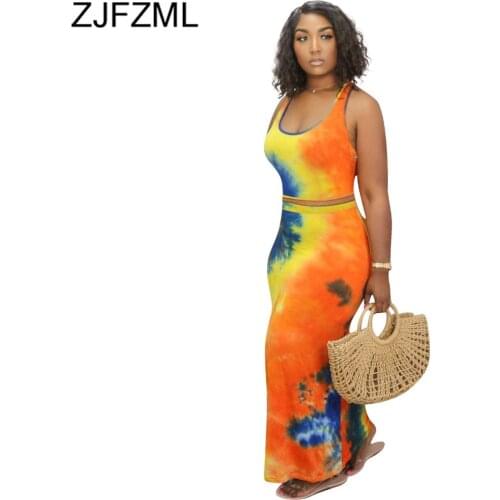 Vitange Bodycon Tie Dye Print 2 Piece Set Scoop Neck Sleeveless Tank Crop Top and Pencil Maxi Skirt Package Hip High Waist Suits