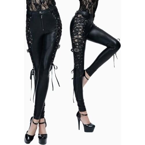 Devil Fashion Punk Sides Bind PU Leather Trousers for Women Gothic Sexy Lace Hollow Out Stretch Pants Black Slim-Fitting Pants