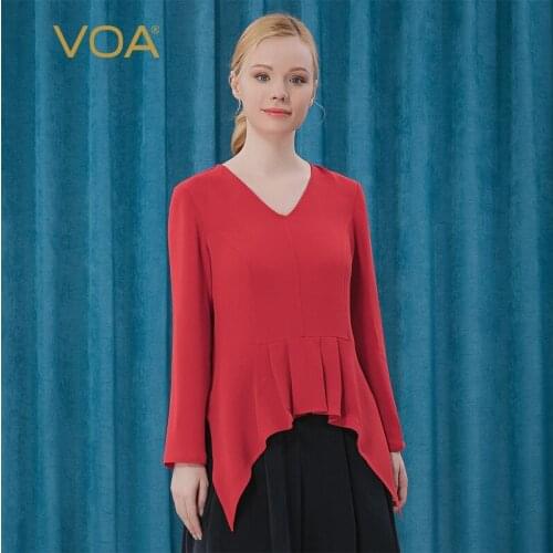 VOA 41m/m Silk Tops Peach Collar Long Sleeve Tees Irregular Hem Yuk Grams of Pleats Spring Pendant Retro Red Woman Tshirts BE238