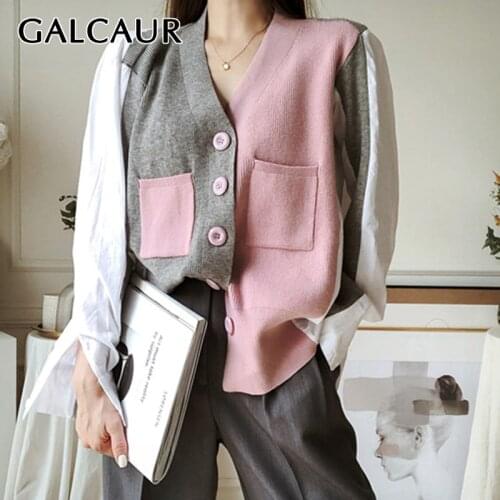 GALCAUR Korean Fashion Patchwork Color Block Long Sleeve Tops For Women V Neck Loose Casual Autumn Cardigan Female Clothing 2021