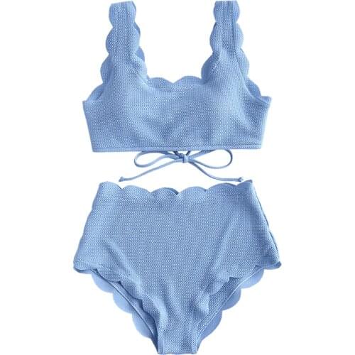 Women Scalloped Textured High Waist Bikini Set Solid Two Pieces Push Up Beach Bathing Suits Swimwear Lace Biquinis Bathing Suits