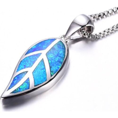 2021 New Fashion Blue Opal Leaf Pendant Necklace with Chain for Women Silver Color Bridal Wedding Summer Plant Jewelry Gift