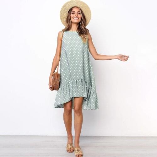 Summer Ruffle Sexy Beach Mini Dress For Women Polka Dot Print Sleeveless O Neck Party Dresses Casual Loose Sundress Vestidos