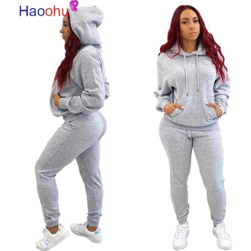 HAOOHU Winter Thick Warm Hooded Tops and Pants Two Piece Set Tracksuit Jogging Suits Femme Sweatshirt Solid Women Sets