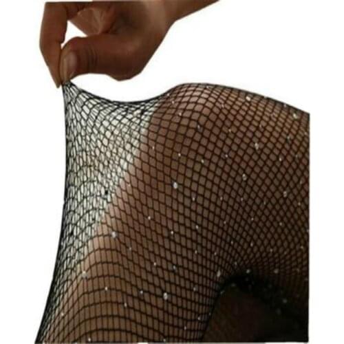 2021 New Design Women Sexy Tights Rhinestone Mesh Fishnet Plus Size Bling Female Hosiery Collant Femme Pantyhose Coffee Black