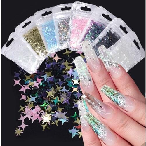 3D Holographic Star Nail Art Decoration Colorful Nail Glitter Sequins Flakes Paillettes Nails Accessories Home Set Nail Charms