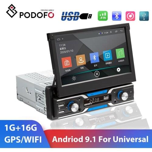 Podofo 1din Android 9.1 Car Multimedia Player Auto Retractable Screen Car Radio 7'' GPS Wifi Bluetooth Auto Stereo For Universal