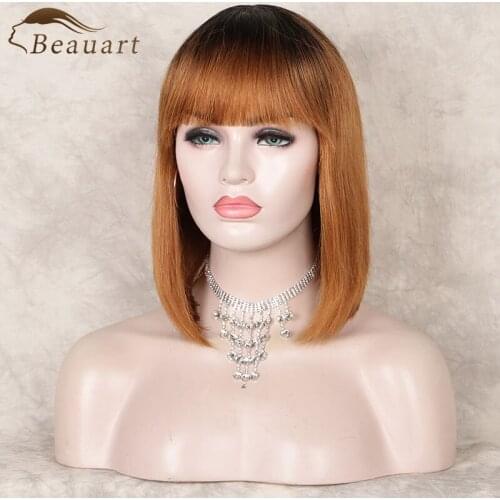 Beauart Bob Cut None Lace Front Wigs 100% Human Shoulder-Length Bob Full Hair Short Straight Brown With Bang Dark Root For Women