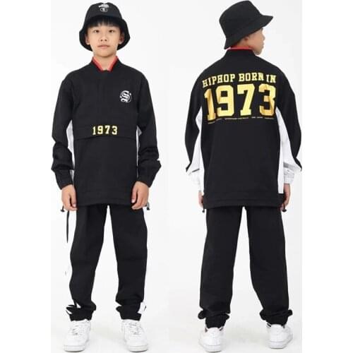 Black Hip Hop Dance Costume For Children Rave Outfit Long Sleeve Kpop Clothes Street Dancewear Kids Joggers Stage Costume DL7285
