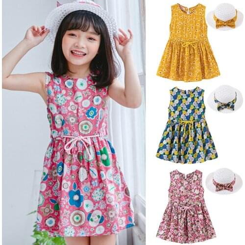 Toddler Baby Retro Mini Dress Kids Girls Floral Sleeveless Tank Crew Neck Beach Dress Princess Dresses Hat Outfits Boho Dresses