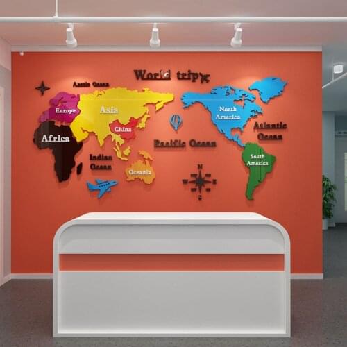 World Map Wall Stickers Colorful Acrylic Wallpaper Office Company Decorations 3D Classroom Wall Decals Kid Room Mural Large Size