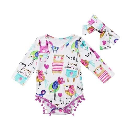 Cute Newborn Baby Girls Cartoon Graffiti Long Sleeve Boydsuit Jumpsuit Outfits Set Clothes Size 0-24M