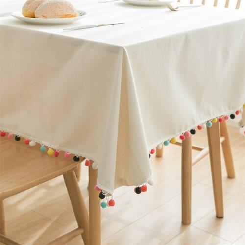 Colorful Wool Ball Cotton And Linen Table Cover Decorative White Tablecloth for Home Wedding Banquet Party