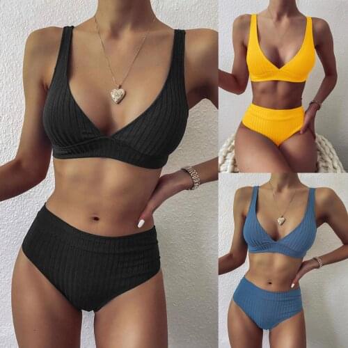 Swimsuit +Swimsuit Bottom Women Striped Push Up High Cut Hight Waist Halter Bikini Set Two Piece Swimsuit купальник женский c50