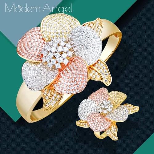 ModemAngel Luxury Flower Nigeria Bangle Ring Set Jewelry Set For Women Wedding Cubic Zircon Crystal CZ Dubai Bridal Jewelry