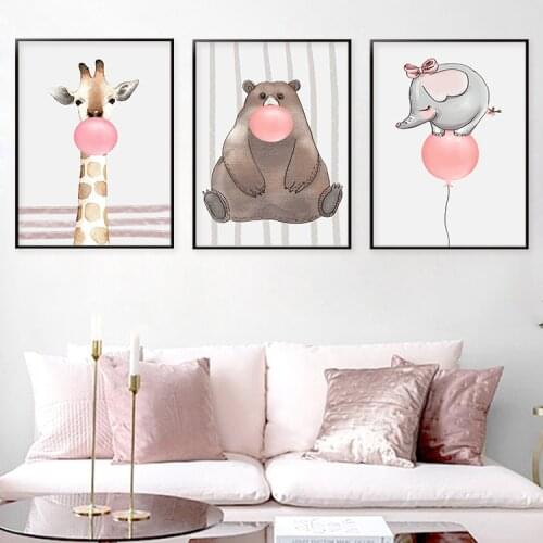 Cartoon Animal Pink Balloon Giraffe Elephant Decorative Painting Simple Home Porch Living Room Painting Canvas Painting Oil
