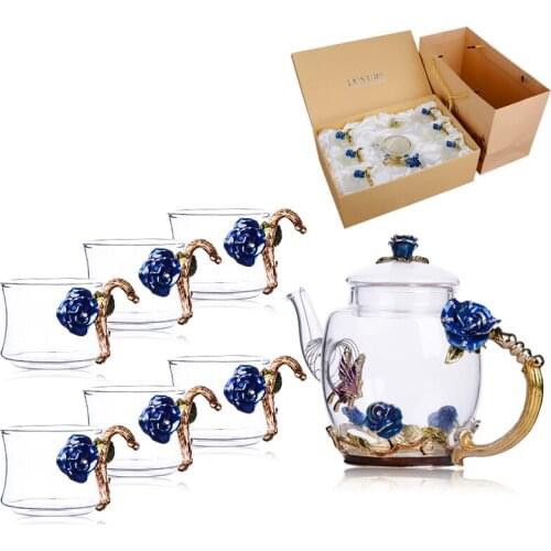 1Set New Enamel Painting Glass Coffee Mugs Luxury Glass Cups with Handle Flower Tea Set Juice and Coffee Cups Christmas Gifts