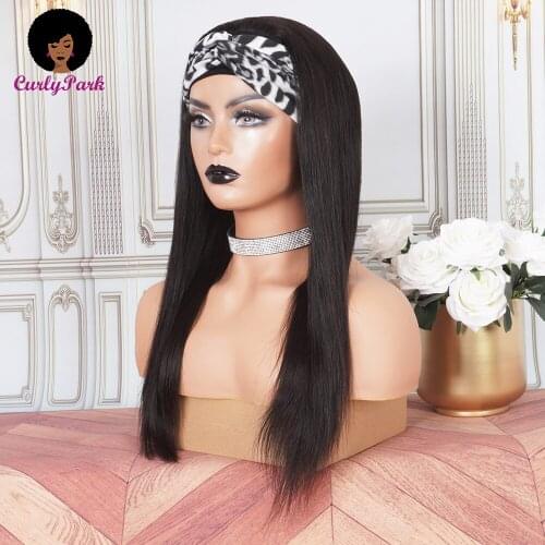 CURLYPARK Unprocessed Natural Color Silk Straight Headband Wigs Pure Brazilian Remy Hair Machine Made Wigs More Longer Hair
