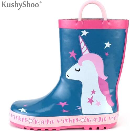 KushyShoo Girl Rain Boots Kids Cute Unicorn Printed with Handles Childrens Rubber Boots Waterproof Outdoor Kalosze Dla Dzieci