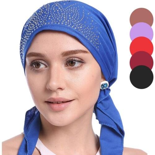 New Fashion Women Turban Hat Rhinestone Soft Elastic Cotton Solid Color Thin Muslim Head Scarf Simple Islamic Headwear Caps