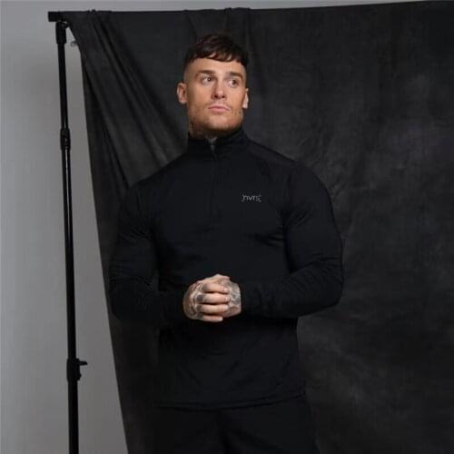 New Long Sleeve Spring Autumn Harajuku Tshirt Mens T-shirt High Collar Zipper Solid Polyester Black White T Shirt Men Top Tee