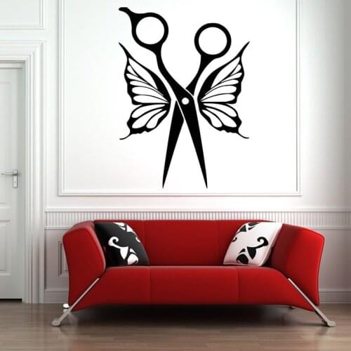 Hair Salon Wall Vinyl Sticker Beauty Salon Scissors Butterfly Wall Stickers Pattern Wall Decal Waterproof Removable B058