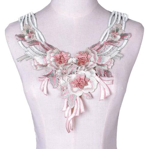 Pink Green Embroidery Flower Lace Neckline Applique Collar Floral Lace Fabric DIY Accessories