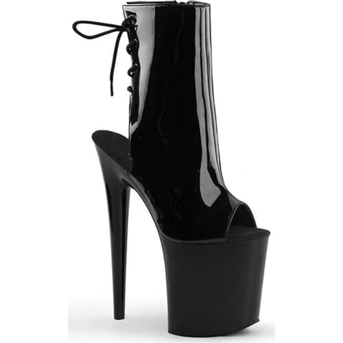 20cm High Heels Boots Women Shoes Platform Peep Toe Ankle Boots Black Lace Up Zip Glossy Leather Fenty Beauty Boots Ladies Shoe