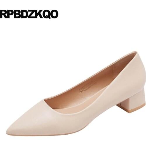 Nude pointed toe pumps block heels shoes for women wine red thick size 4 34 office designer 2019 slip on low casual chunky black