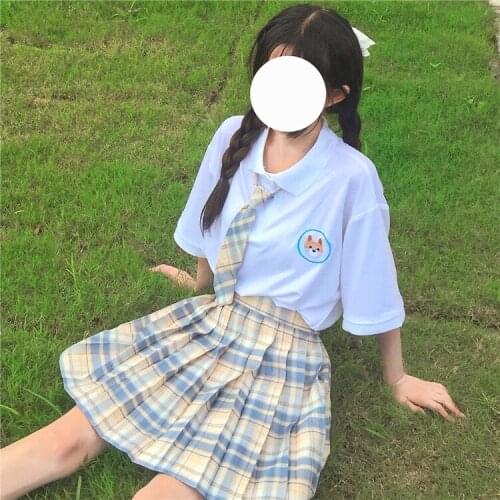 JK Uniform Sui Female Summer Japanese Style College Polo Collar Short-Sleeved T-shirt + High Waist Retro Plaid Pleated Skirt