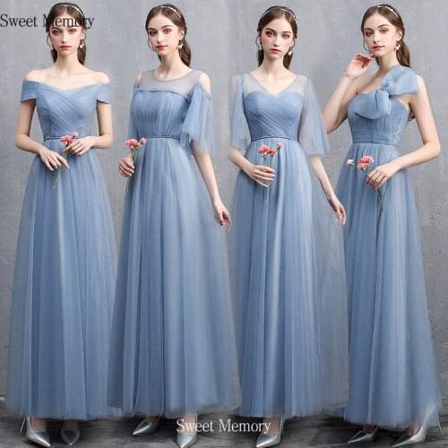 Sweet Mmeory Long Dusty Blue Bridesmaid Dresses Lace Up Dusty Pink Prom Party Banquet Gown
