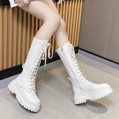 Autumn Winter Womens Knee High Boots Fashion Zip Lace Up PU Leather Boots Woman Shoes Thick Bottom Platform Botas Mujer 2021