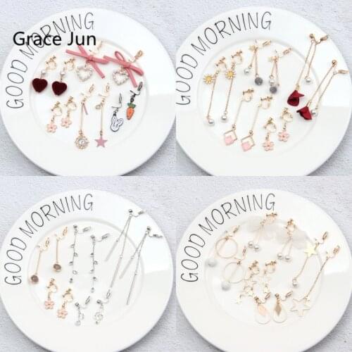 GRACE JUN 5Pairs /set Korea Style Clip on Earrings No Pierced for Women Fashion Luxury Bead Tassel Star Heart Flower Earrings