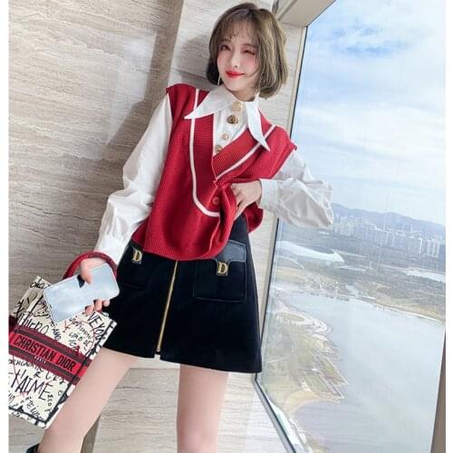 Pointed Lapel shirt+Contrast stripe loose knit waistcoat two piece suit for women 2021 Spring new High Quality Top Quality