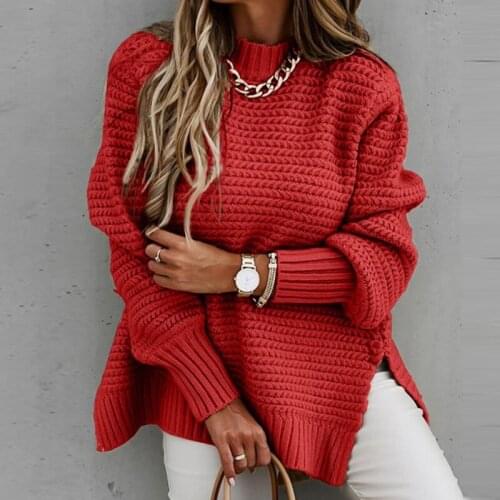 Traf Autumn / winter 2021 new half high neck loose solid long sleeve thick needle side split knitted sweater for women