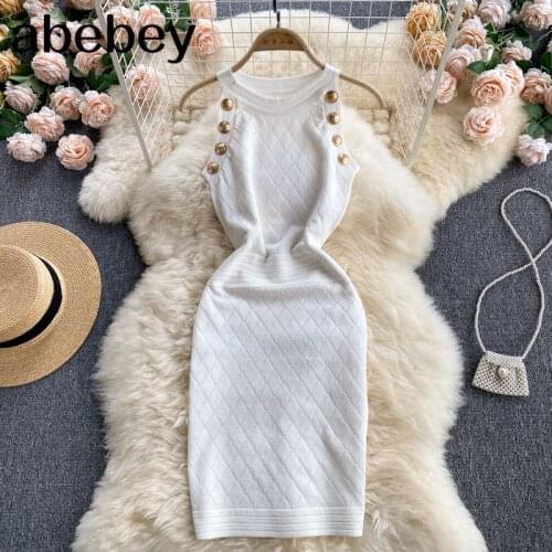 New Button Details Sleeveless Knitted Bodycon Dress Women Summer Elegant Stretchy Dress Vintage Solid Dress
