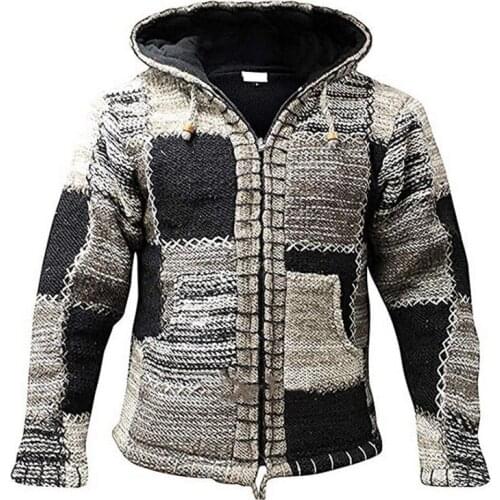2020 Men Winter Fashion Patchwork Knit Outwear Coat Sweater With Pocket Autumn Men Hooded Wool Cardigan Sweater Jumper