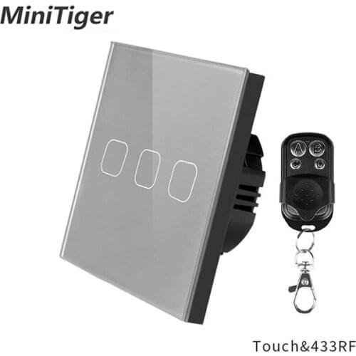 Minitiger 3 Gang 1 Way Crystal Glass Panel wall light EU Touch Switch Gray Wireless Switch AC 250V Remote Control Switch