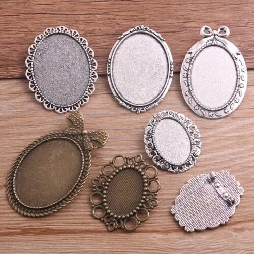 4pcs 30*40/18*25mm Inner Size Antique Silver color/Bronze Oval Brooch 7 Style Cabochon Base Setting Charms Pendant P6491