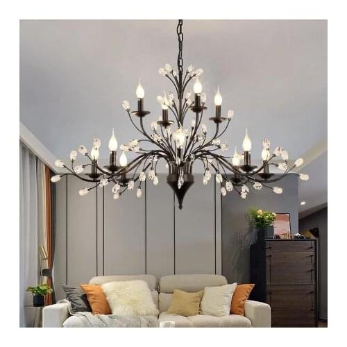 American Black Led Farmhouse Chandelier for Living Dining Room Kitchen Hall Crystal Candle Ceiling Pendant Lamp Indoor Lighting