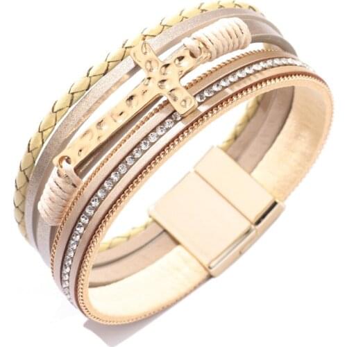 Fashion Women Bracelet Jewelry Hammered Cross Pendant Charms Bracelet Rhinestone Paved Multilayer Cuff Bnagle Gift Women