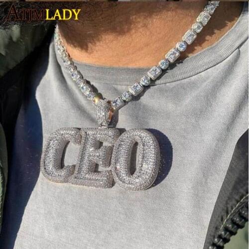 High Quality Hip Hop Tennis Chain Men Jewelry 5A Cubic Zirconia Iced Out Bling Baguette CZ Letter CEO Zircon Pendant Necklace