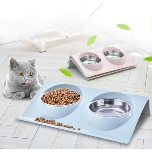 Double Dog Cat Bowls Stainless Steel Pet Food Water Feeder For Dog Puppy Cats Pets Supplies Feeding Dishes