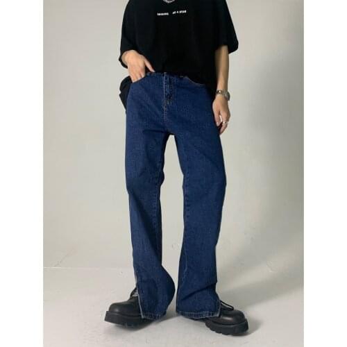 Dark Blue Leg Zipper Jeans Mens Korean Fashion Trendy Man Straight Leg Jeans Loose Trousers Baggy Jeans Streetwear Denim Jeans