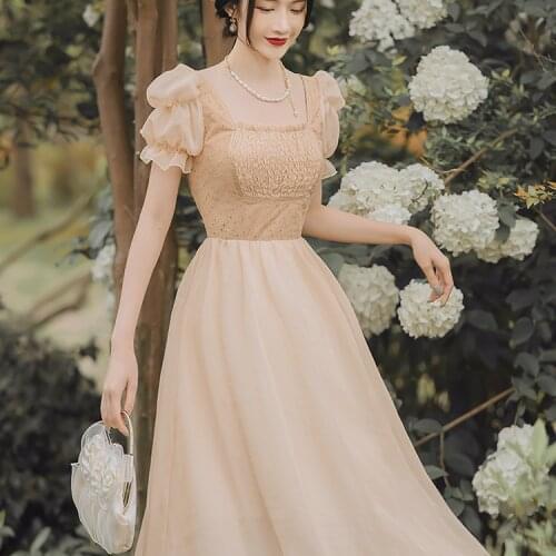 Vitage Cottage Core Style Dress Champagne Pleated Square Collar Slim High Waist Women Bubble Short Sleeve Palace Princess Dress