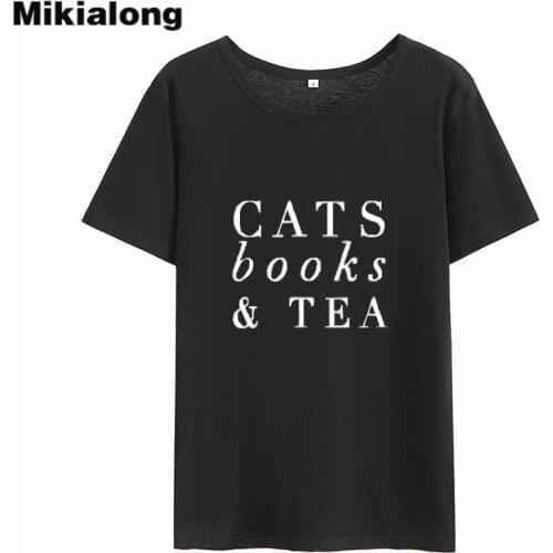 Mikialong Cats Books Tea Harajuku T Shirt Women 2018 Short Sleeve O-neck Tee Shirt Femme Black White Cotton Women Tshirt Tops