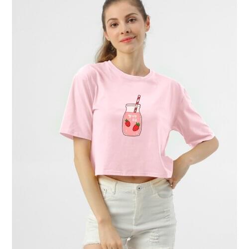 Cute Strawberry Tshirt Cotton Summer Pink Crop Tops for Women Harajuku Kawaii Shorts Sweet Girls T-shirt Ulzzang Japanese Style