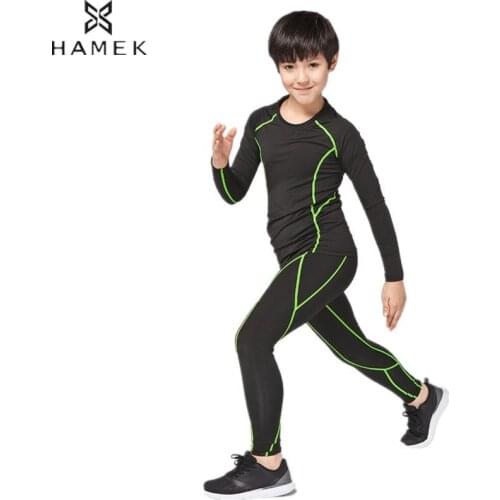 HAMEK Boys 2 Pcs Running Suits Long Sleeves Shirts Compression Pants Leggings Suits Children Training Sets Kids Badminton Wear