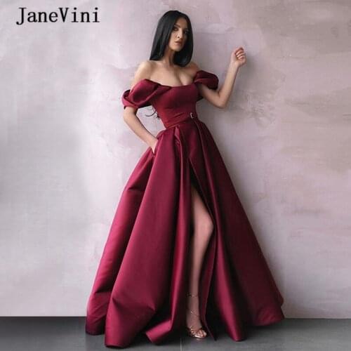 JaneVini New Arrival Burgundy Long Evening Dresses 2021 Off The Shoulder A Line Satin Sexy High Split Arabic Women Party Gowns