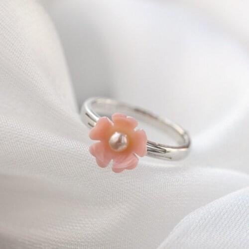 Real 925 Sterling Silver Fine Jewelry Natural Freshwater Pearl Pink Shell Little Flower Fashion Women Opening Adjustable Ring